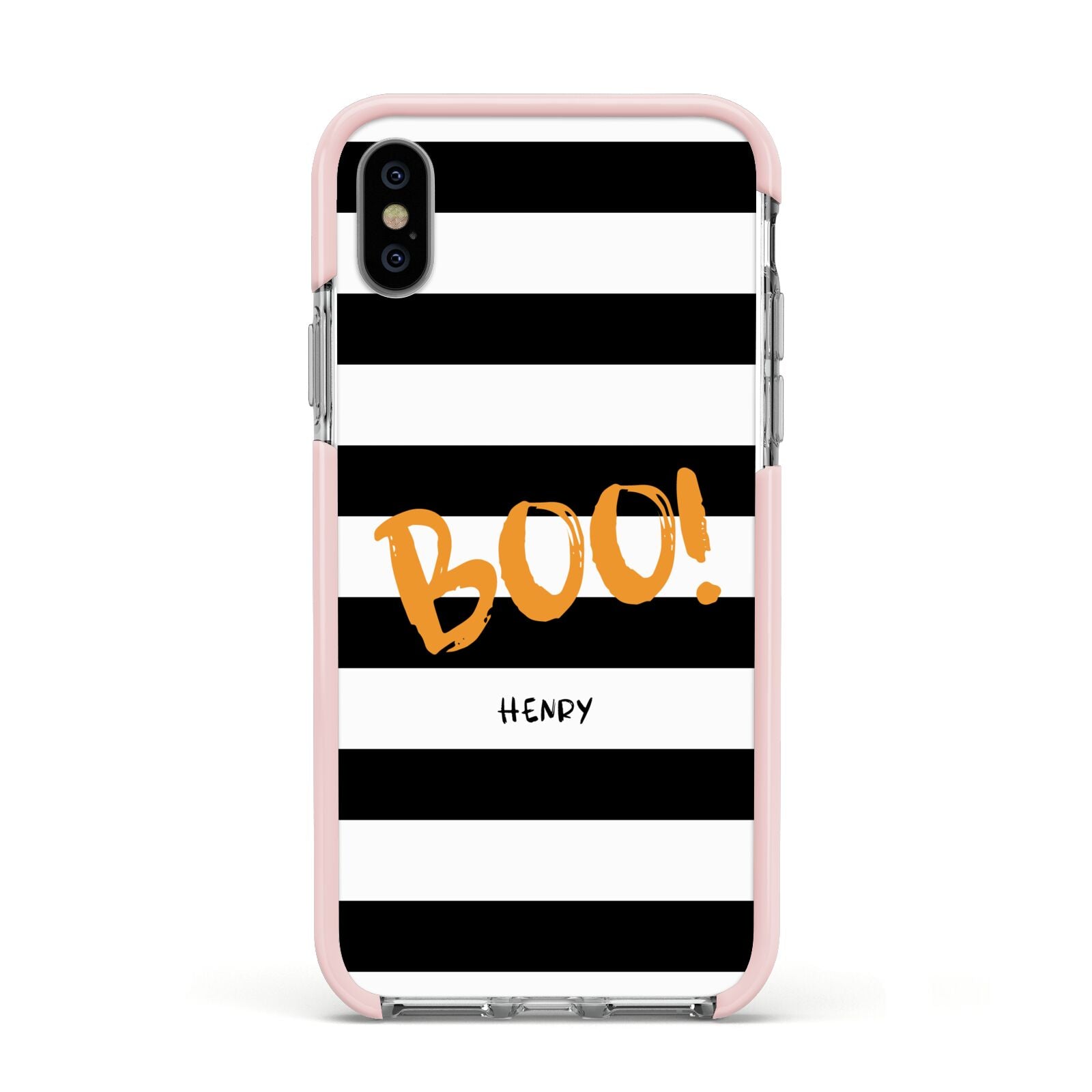 Black White Striped Boo Apple iPhone Xs Impact Case Pink Edge on Silver Phone