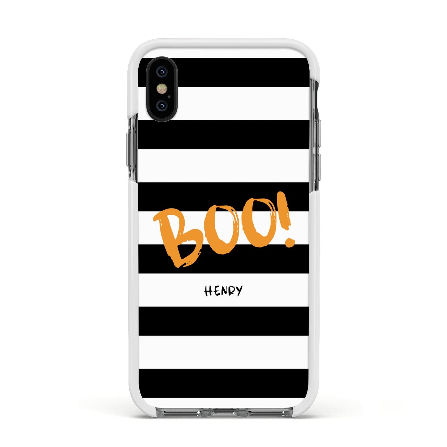 Black White Striped Boo Apple iPhone Xs Impact Case White Edge on Black Phone