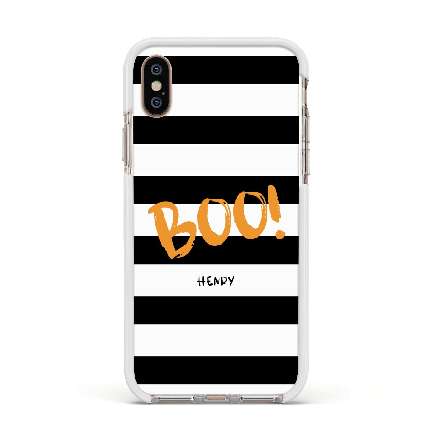 Black White Striped Boo Apple iPhone Xs Impact Case White Edge on Gold Phone