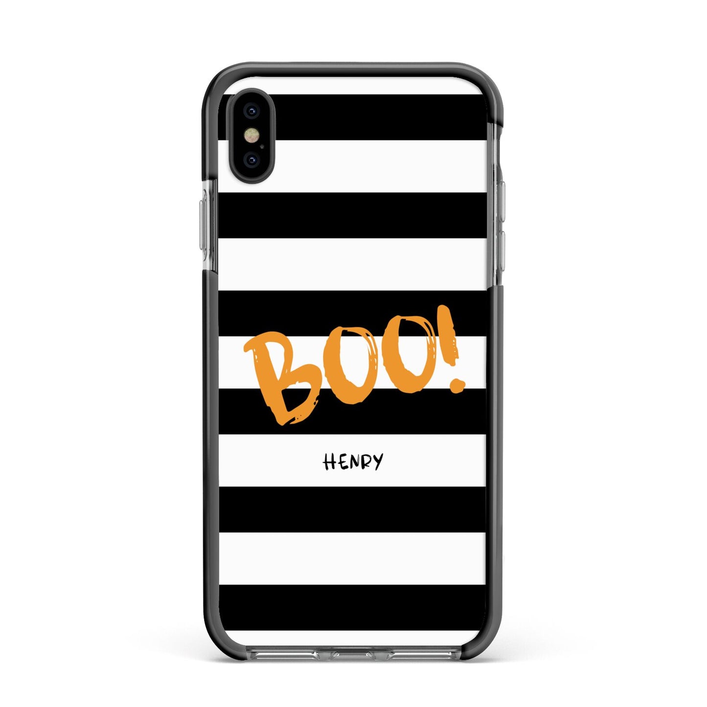 Black White Striped Boo Apple iPhone Xs Max Impact Case Black Edge on Black Phone