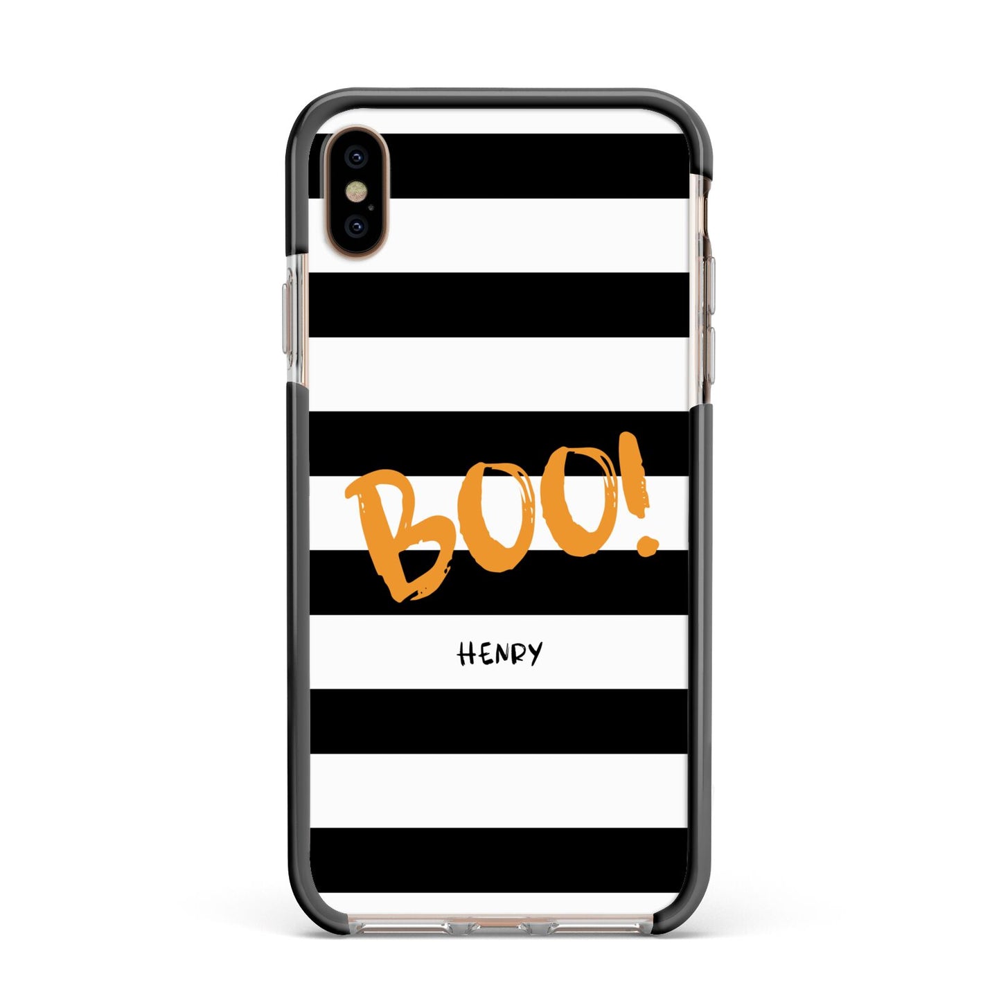 Black White Striped Boo Apple iPhone Xs Max Impact Case Black Edge on Gold Phone