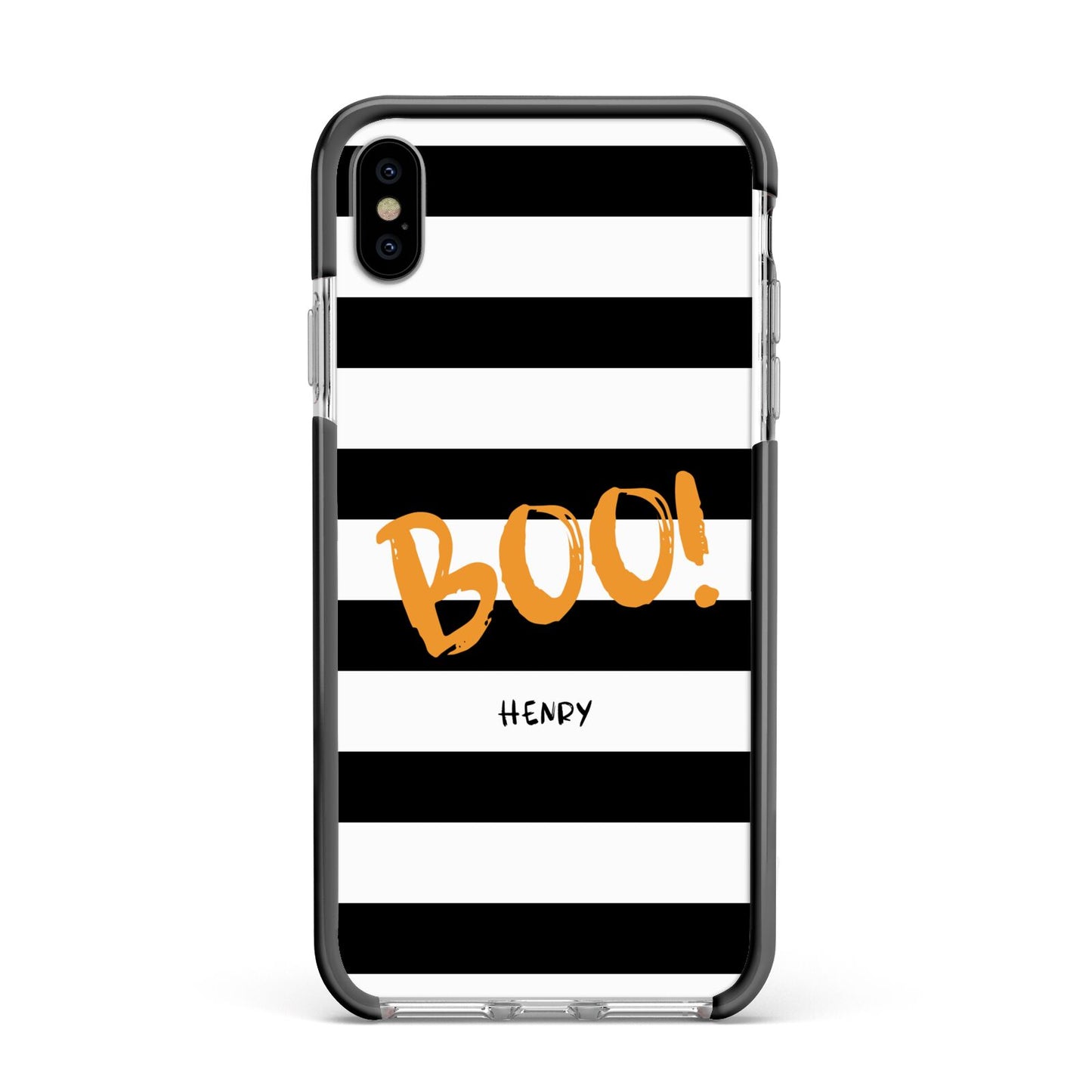 Black White Striped Boo Apple iPhone Xs Max Impact Case Black Edge on Silver Phone