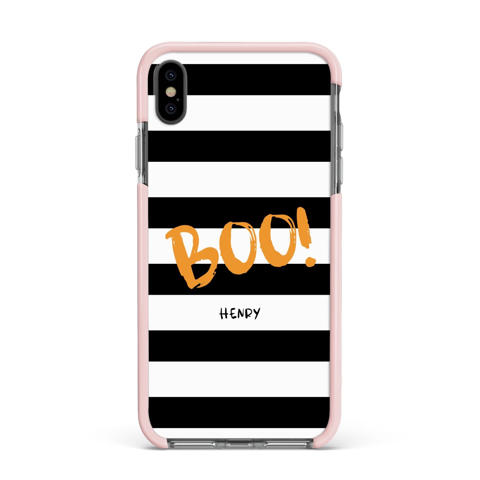 Black White Striped Boo Apple iPhone Xs Max Impact Case Pink Edge on Black Phone