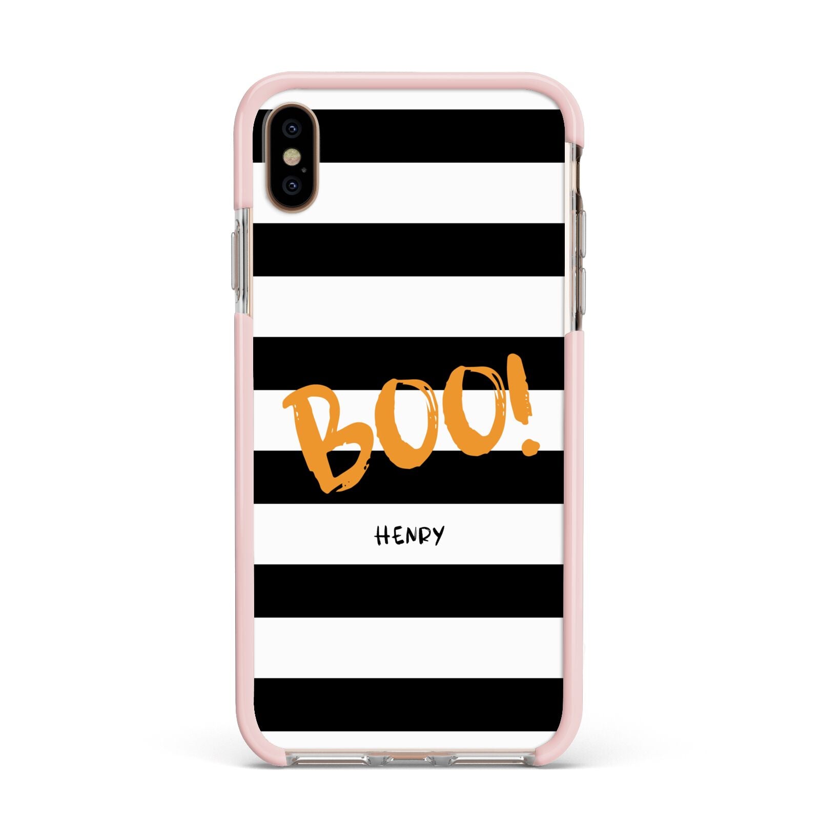 Black White Striped Boo Apple iPhone Xs Max Impact Case Pink Edge on Gold Phone