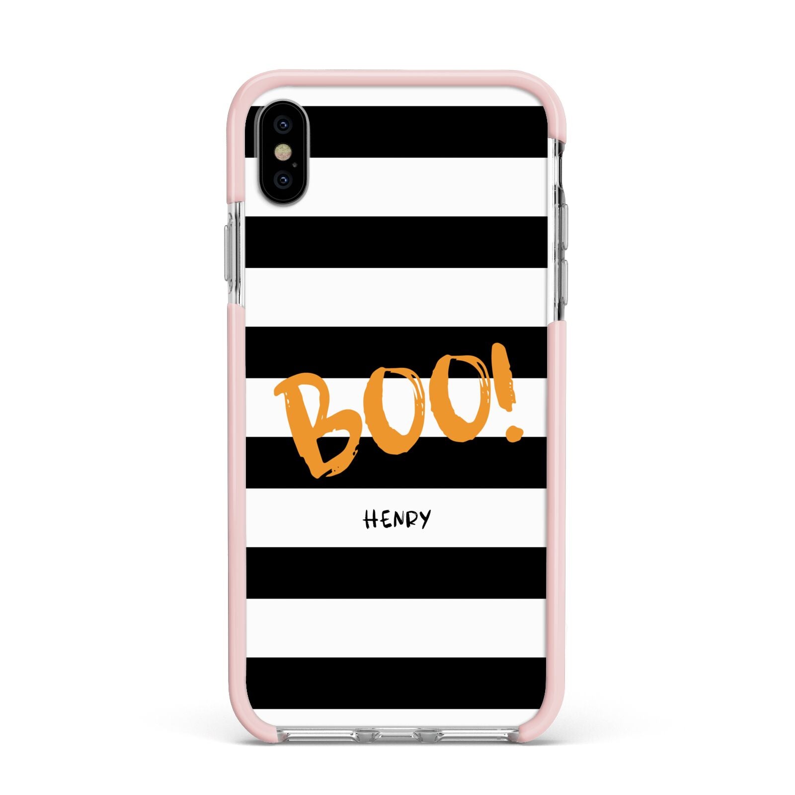 Black White Striped Boo Apple iPhone Xs Max Impact Case Pink Edge on Silver Phone