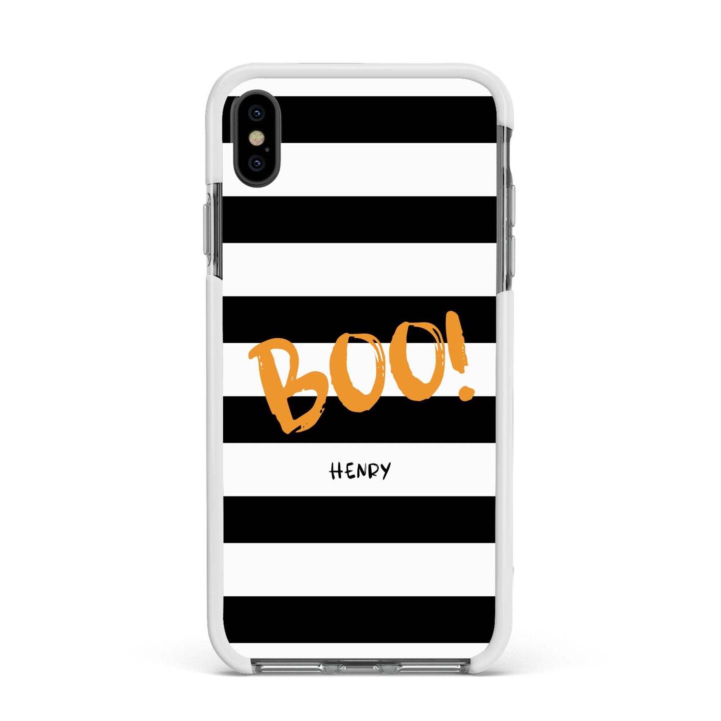 Black White Striped Boo Apple iPhone Xs Max Impact Case White Edge on Black Phone