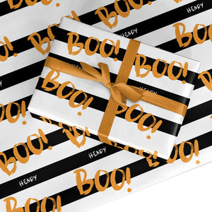 Black White Striped Boo Wrapping Paper