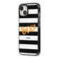 Black White Striped Boo iPhone 13 Black Impact Case Side Angle on Silver phone