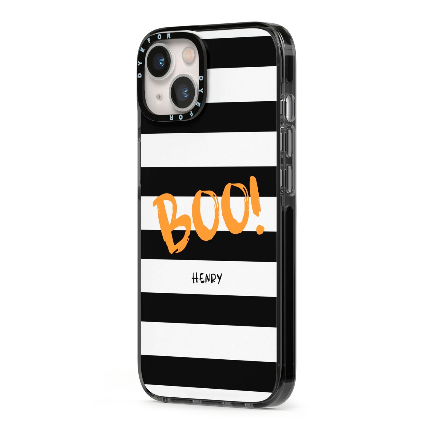 Black White Striped Boo iPhone 13 Black Impact Case Side Angle on Silver phone