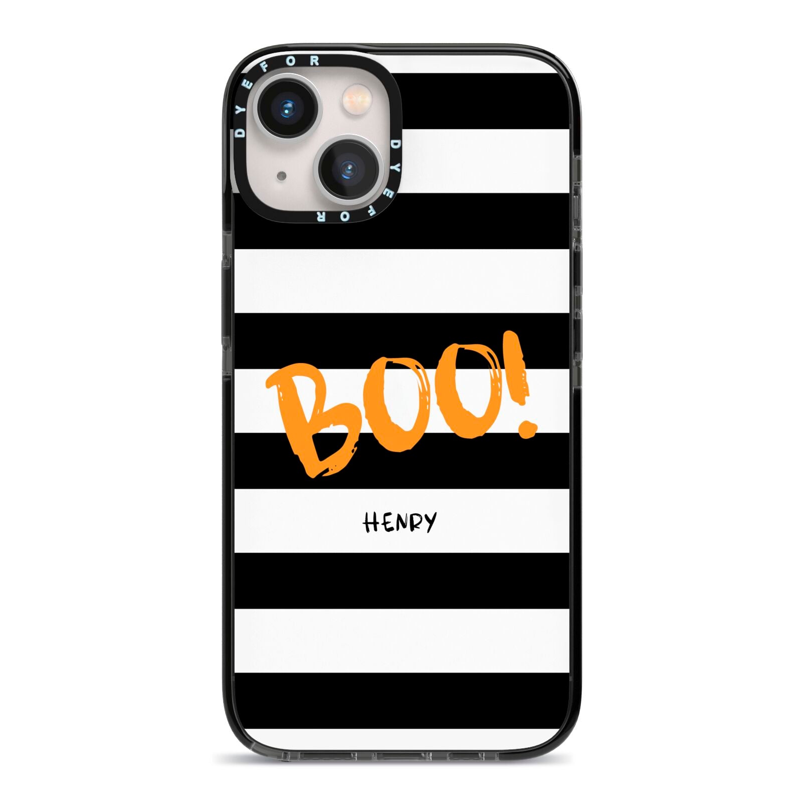 Black White Striped Boo iPhone 13 Black Impact Case on Silver phone