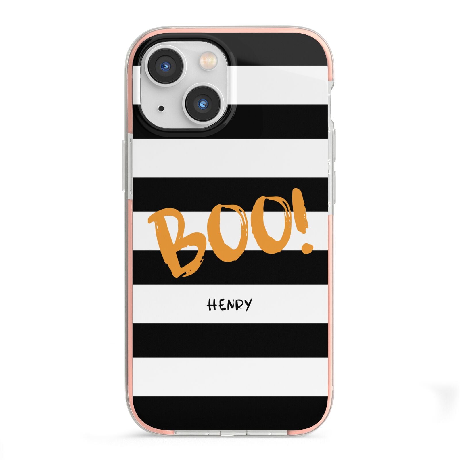 Black White Striped Boo iPhone 13 Mini TPU Impact Case with Pink Edges