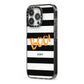 Black White Striped Boo iPhone 13 Pro Black Impact Case Side Angle on Silver phone