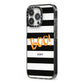 Black White Striped Boo iPhone 13 Pro Black Impact Case Side Angle on Silver phone