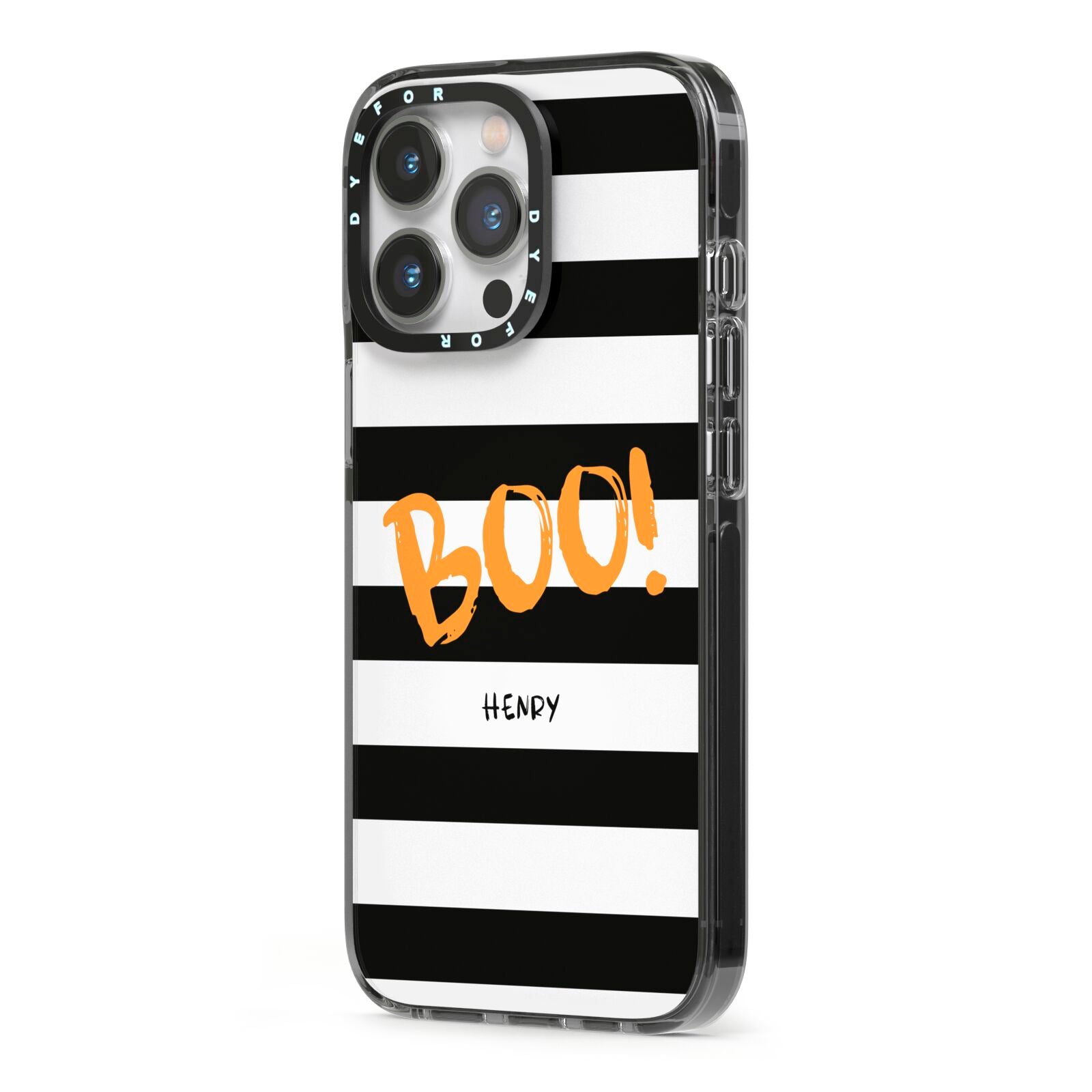 Black White Striped Boo iPhone 13 Pro Black Impact Case Side Angle on Silver phone