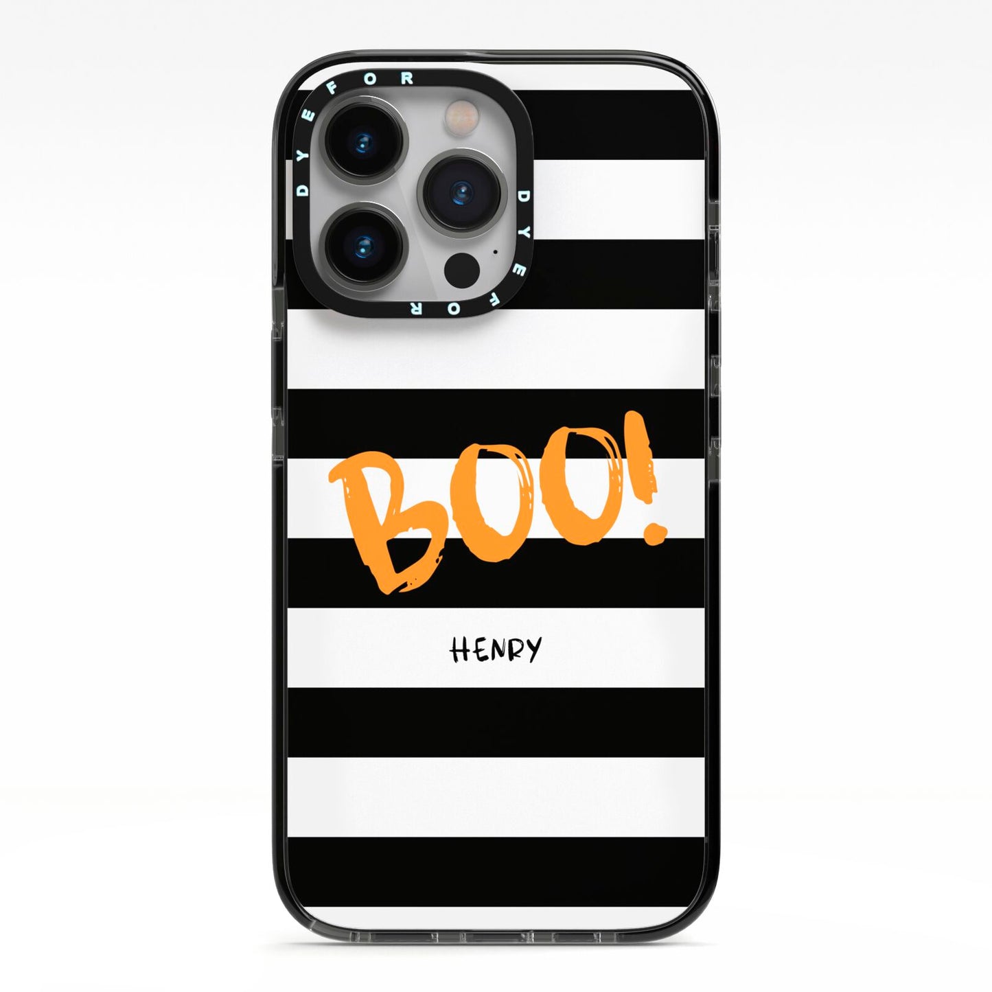 Black White Striped Boo iPhone 13 Pro Black Impact Case on Silver phone