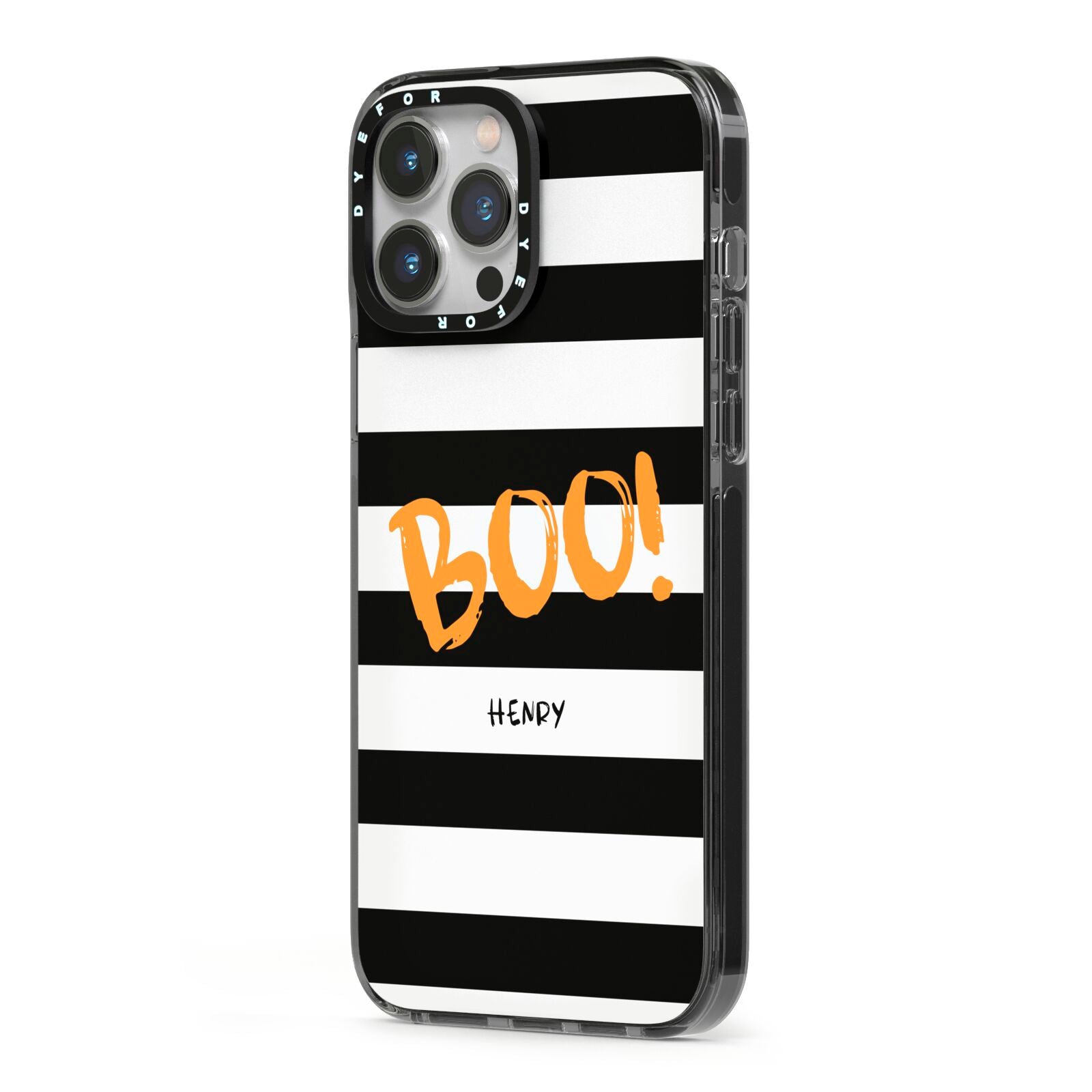 Black White Striped Boo iPhone 13 Pro Max Black Impact Case Side Angle on Silver phone