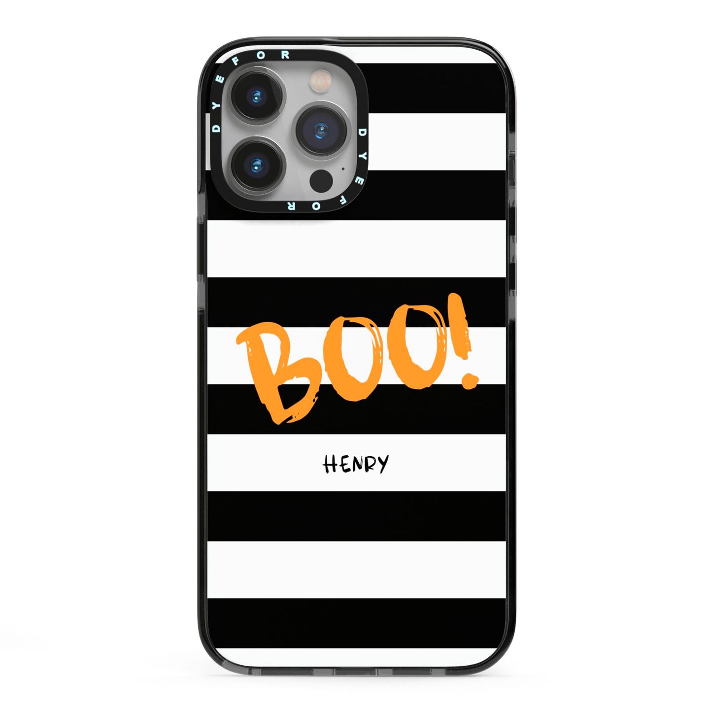 Black White Striped Boo iPhone 13 Pro Max Black Impact Case on Silver phone