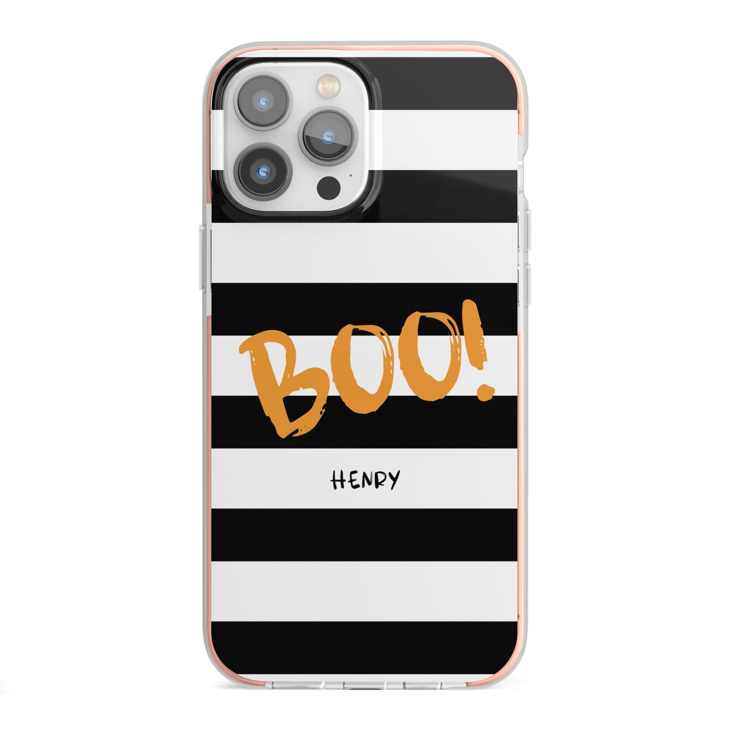 Black White Striped Boo iPhone 13 Pro Max TPU Impact Case with Pink Edges