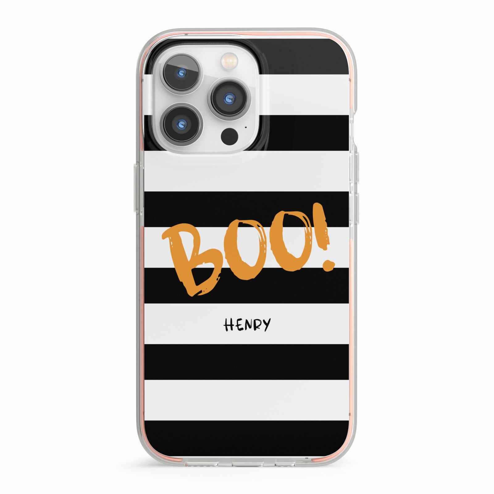 Black White Striped Boo iPhone 13 Pro TPU Impact Case with Pink Edges