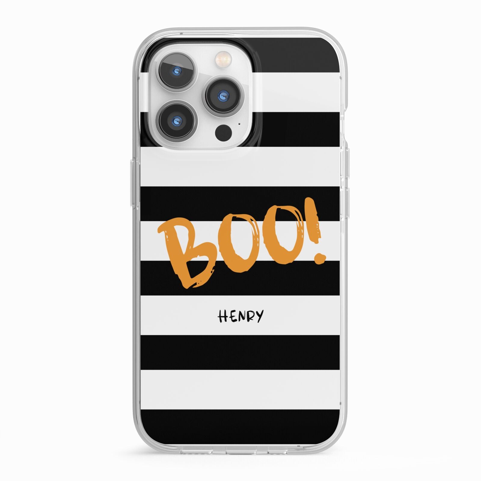 Black White Striped Boo iPhone 13 Pro TPU Impact Case with White Edges