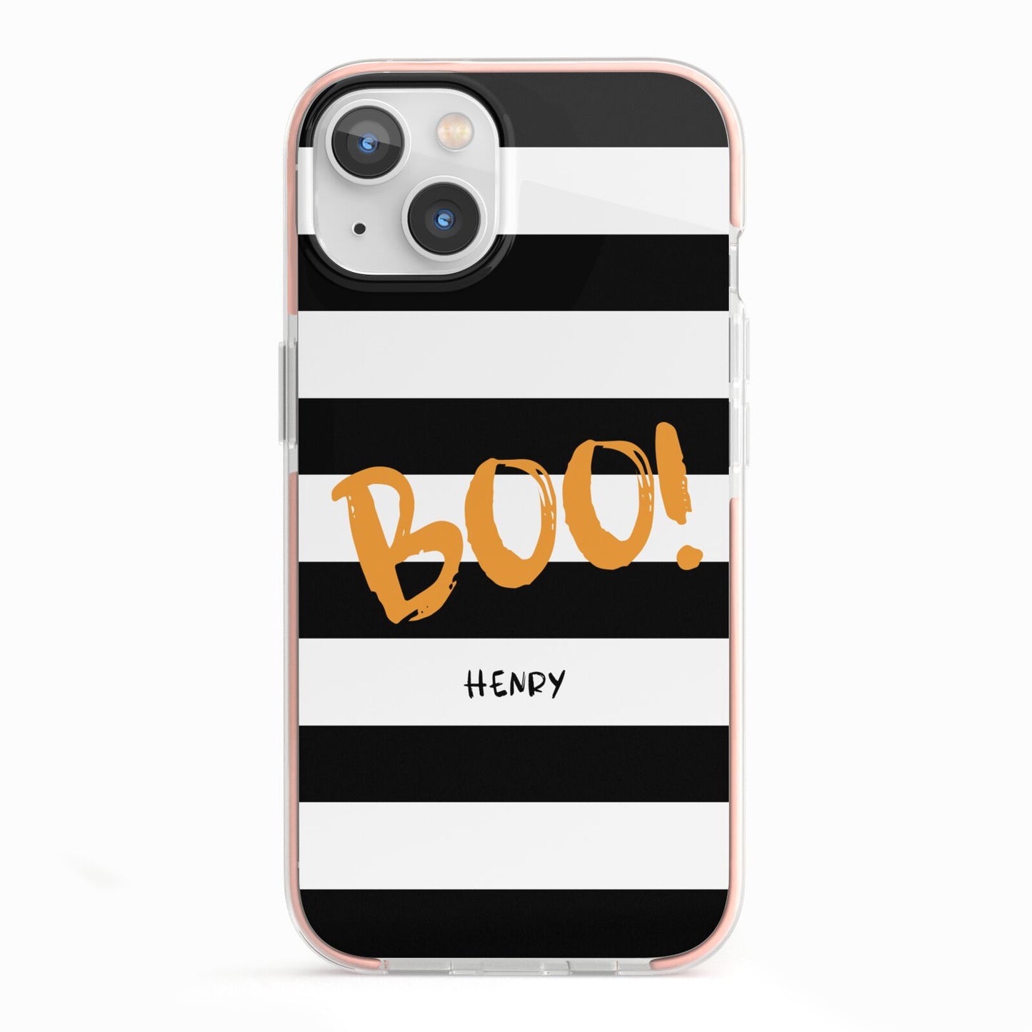 Black White Striped Boo iPhone 13 TPU Impact Case with Pink Edges