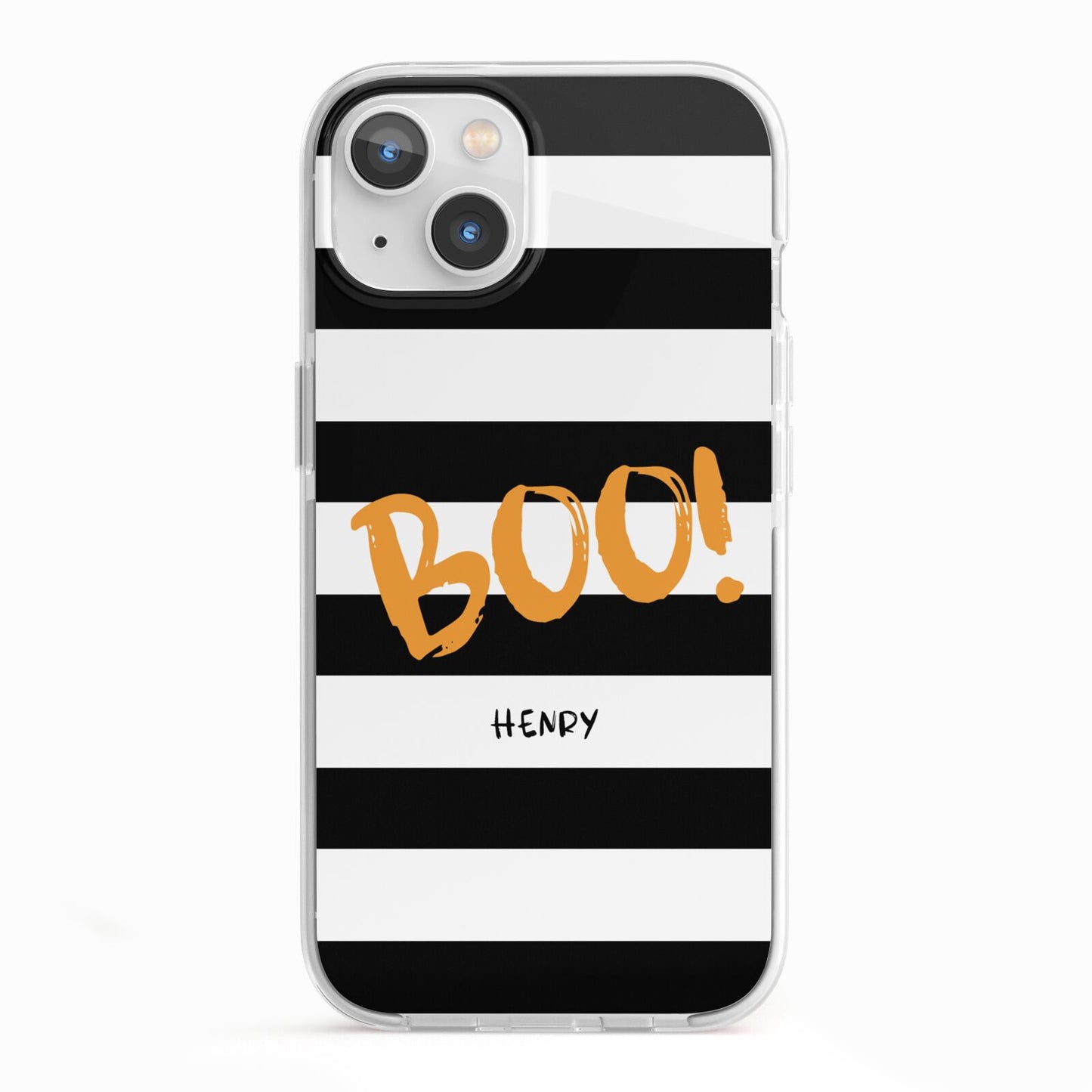 Black White Striped Boo iPhone 13 TPU Impact Case with White Edges