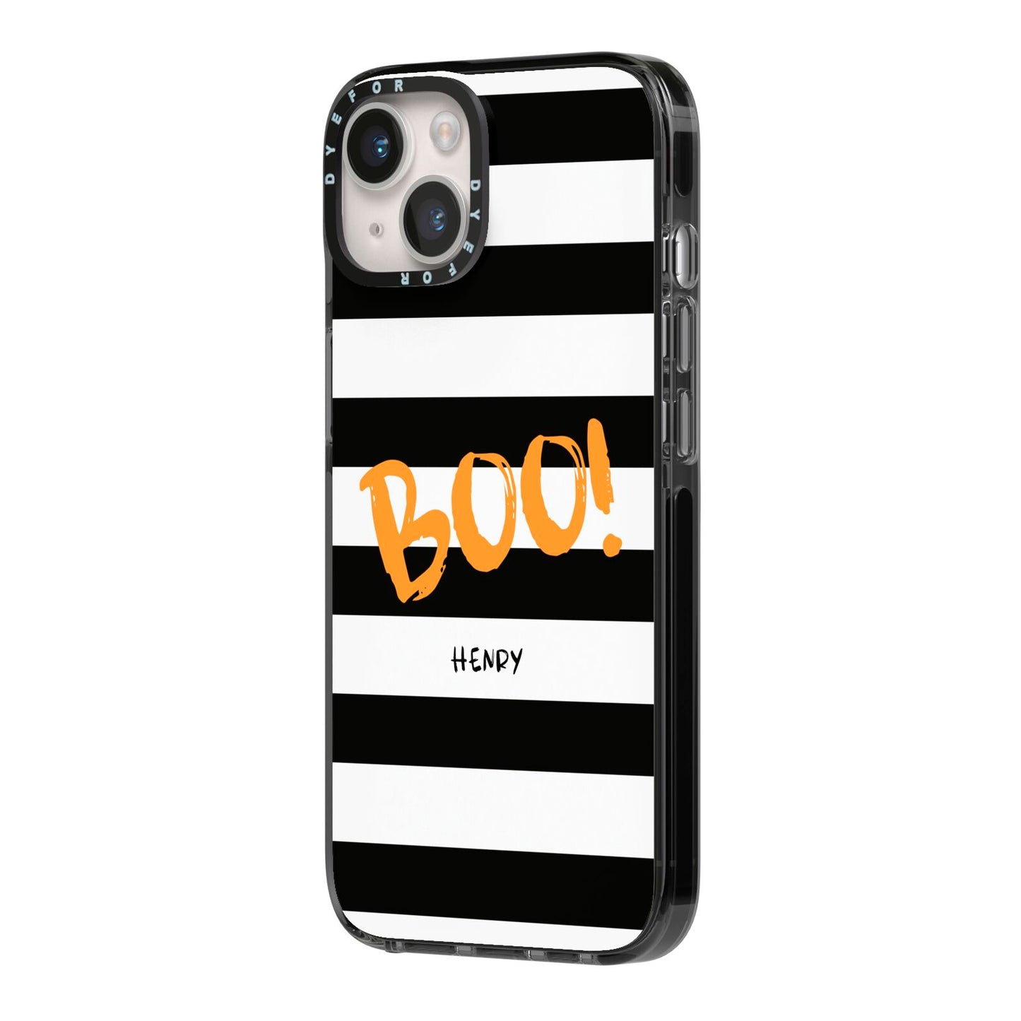 Black White Striped Boo iPhone 14 Black Impact Case Side Angle on Silver phone