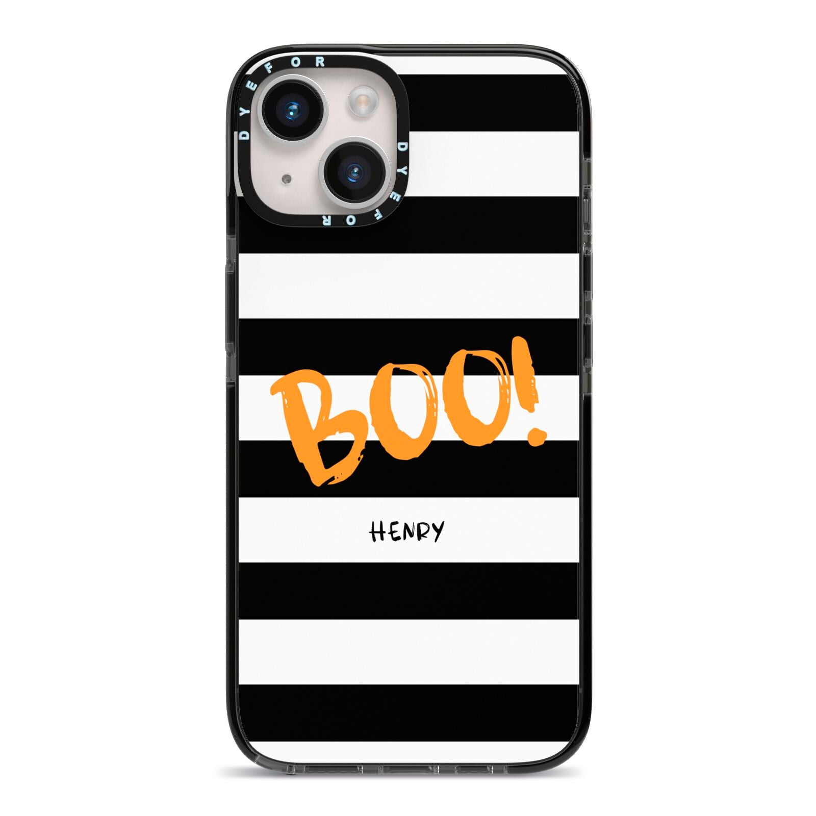 Black White Striped Boo iPhone 14 Black Impact Case on Silver phone
