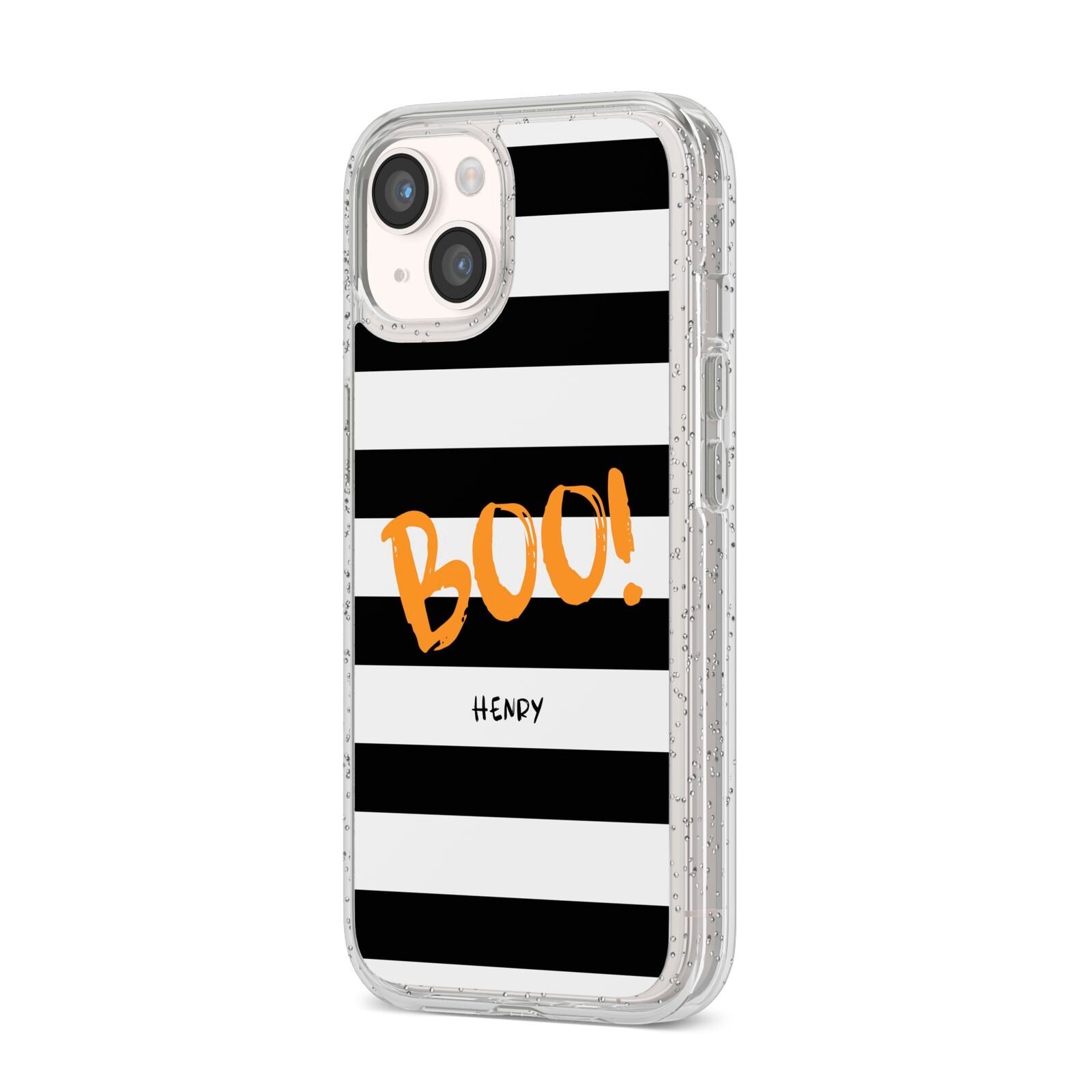 Black White Striped Boo iPhone 14 Glitter Tough Case Starlight Angled Image