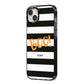 Black White Striped Boo iPhone 14 Plus Black Impact Case Side Angle on Silver phone