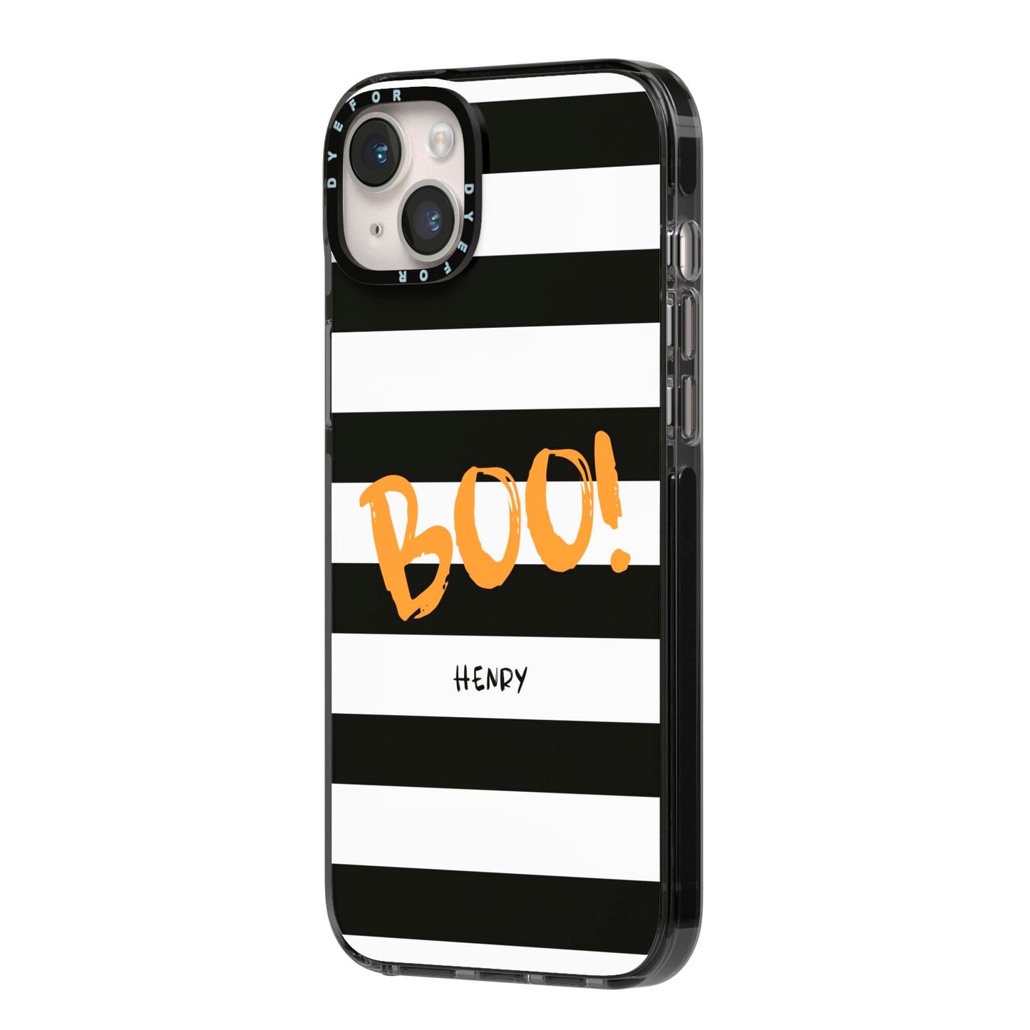 Black White Striped Boo iPhone 14 Plus Black Impact Case Side Angle on Silver phone