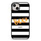 Black White Striped Boo iPhone 14 Plus Black Impact Case on Silver phone