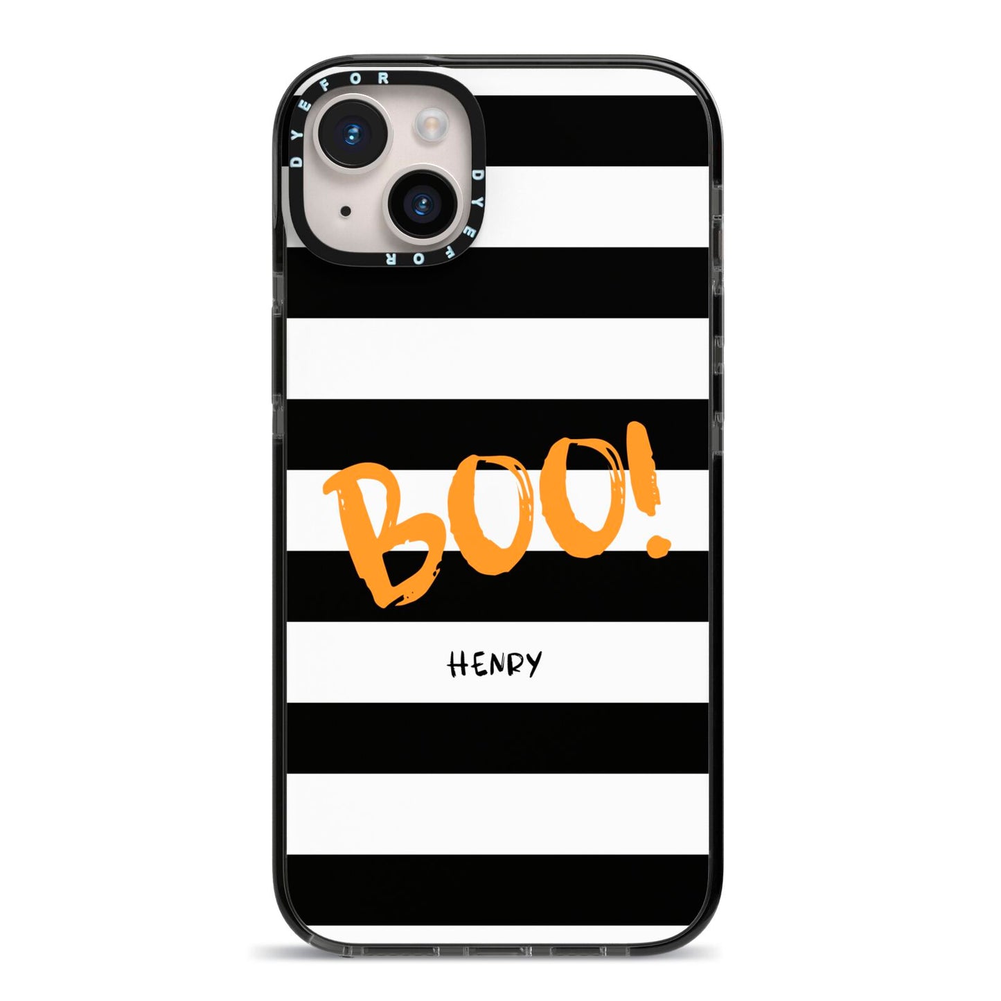 Black White Striped Boo iPhone 14 Plus Black Impact Case on Silver phone