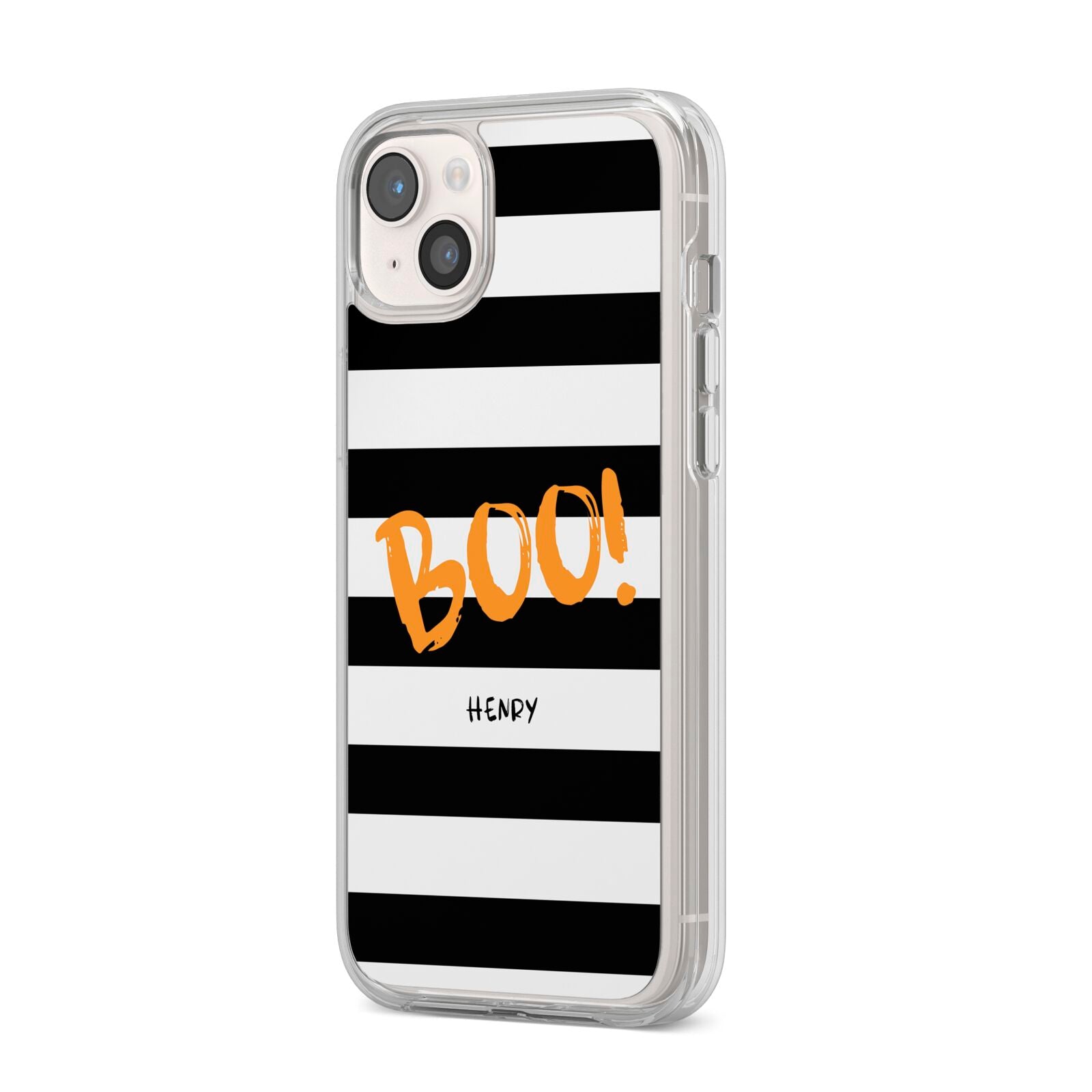 Black White Striped Boo iPhone 14 Plus Clear Tough Case Starlight Angled Image