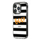 Black White Striped Boo iPhone 14 Pro Black Impact Case Side Angle on Silver phone