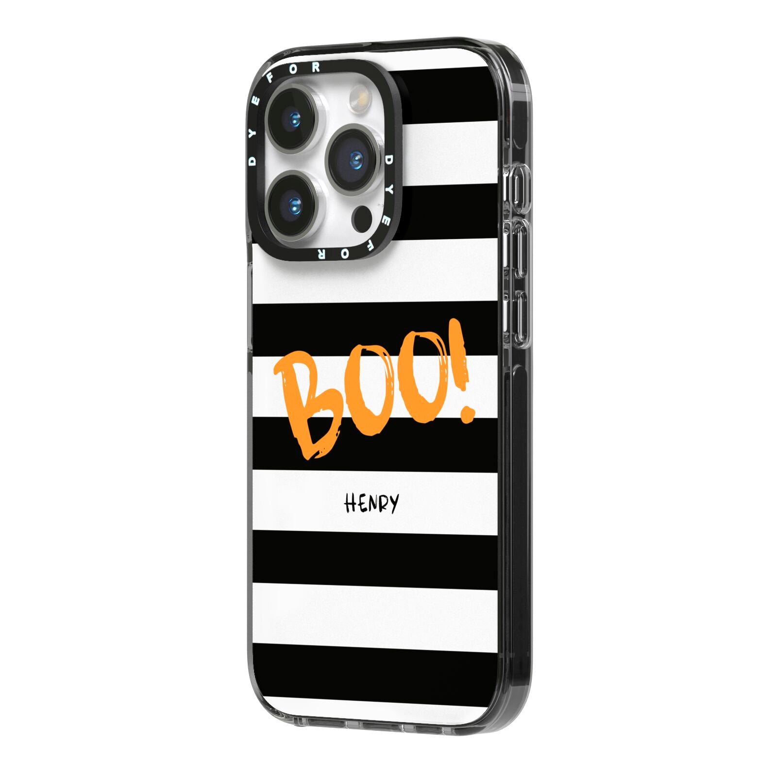 Black White Striped Boo iPhone 14 Pro Black Impact Case Side Angle on Silver phone