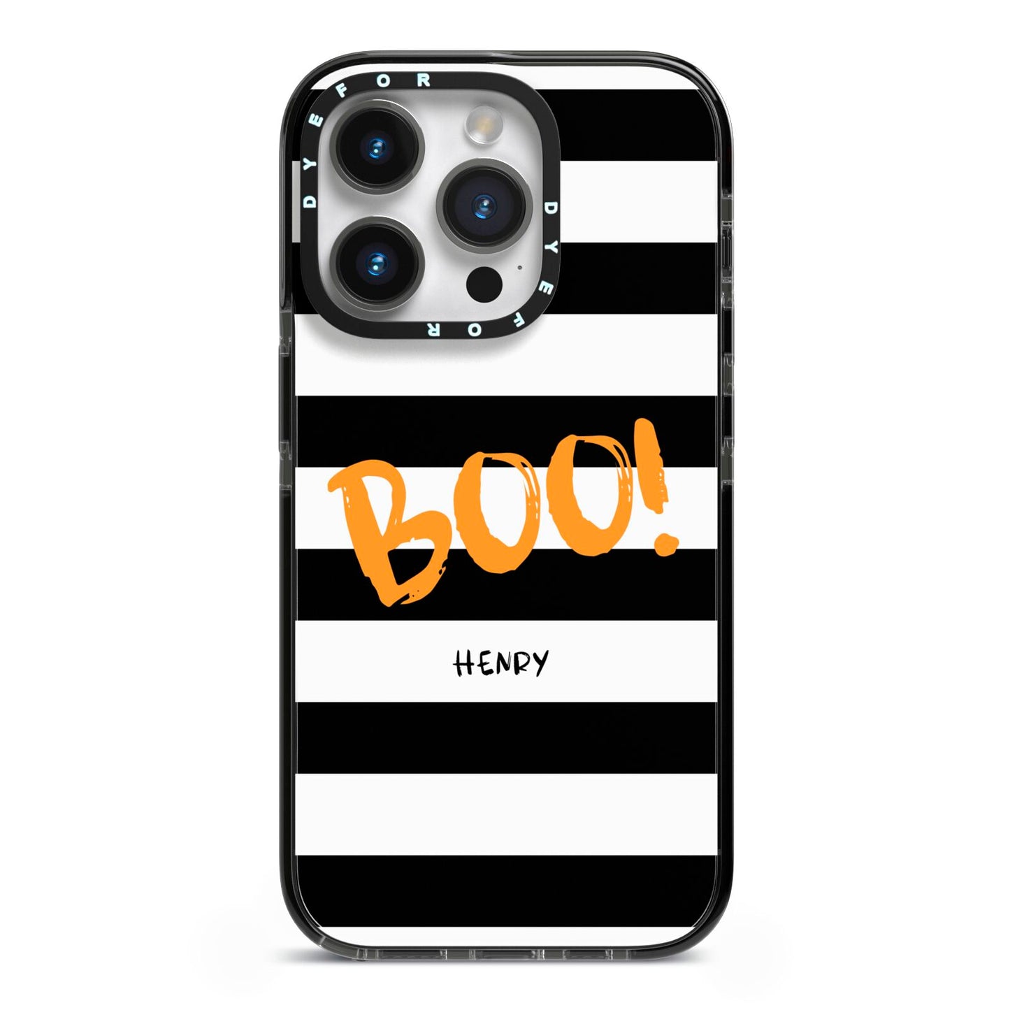 Black White Striped Boo iPhone 14 Pro Black Impact Case on Silver phone