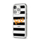 Black White Striped Boo iPhone 14 Pro Clear Tough Case Silver Angled Image