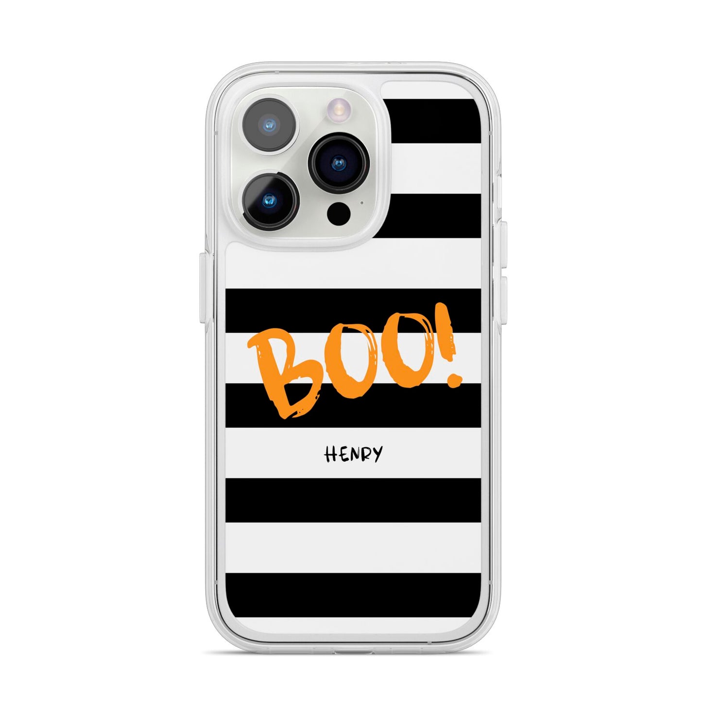Black White Striped Boo iPhone 14 Pro Clear Tough Case Silver
