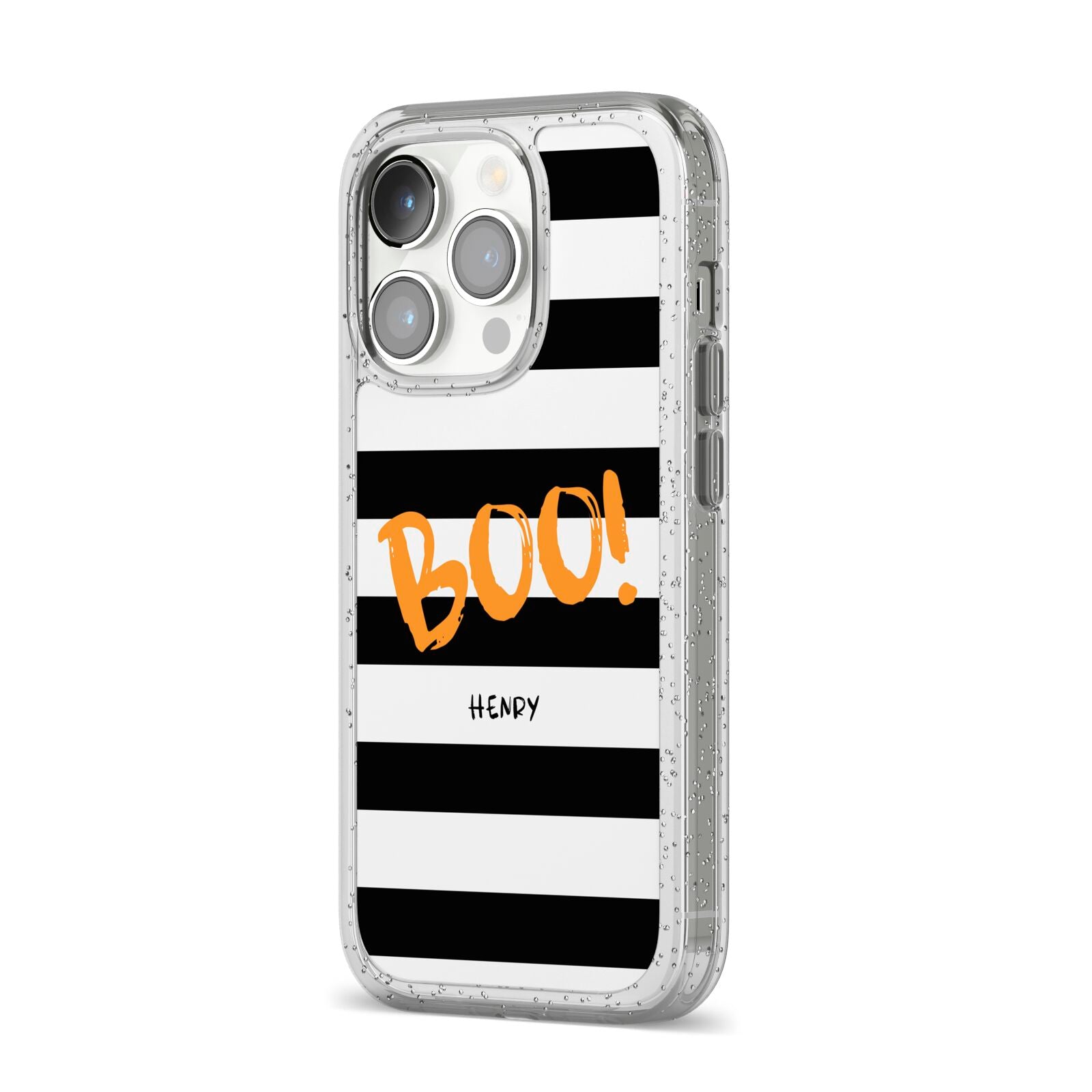 Black White Striped Boo iPhone 14 Pro Glitter Tough Case Silver Angled Image