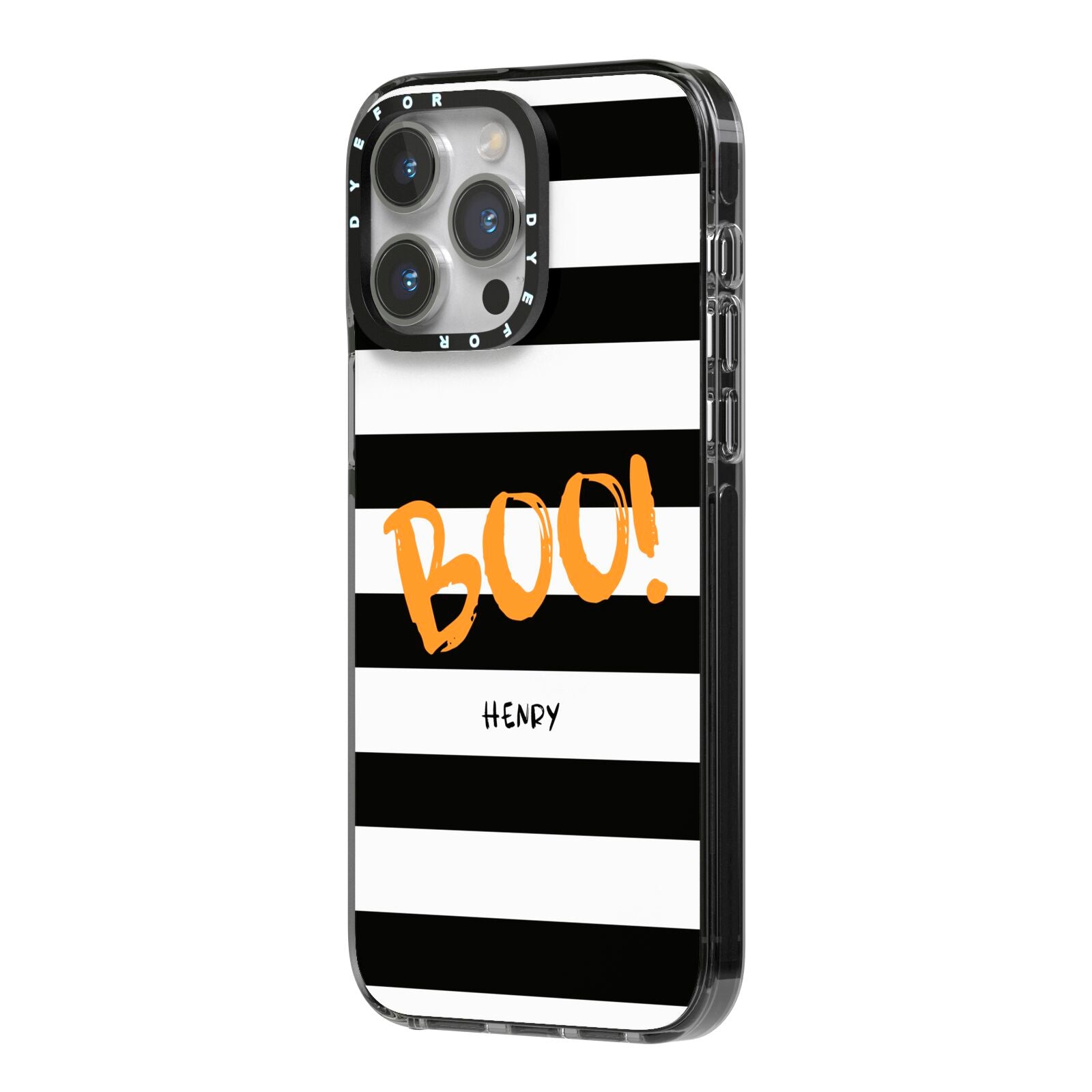 Black White Striped Boo iPhone 14 Pro Max Black Impact Case Side Angle on Silver phone