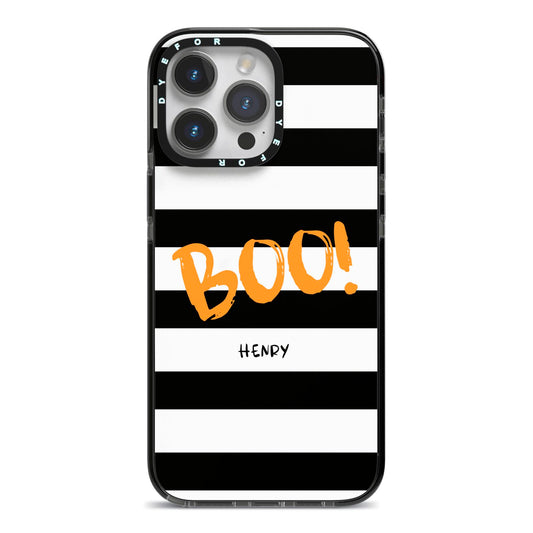 Black White Striped Boo iPhone 14 Pro Max Black Impact Case on Silver phone
