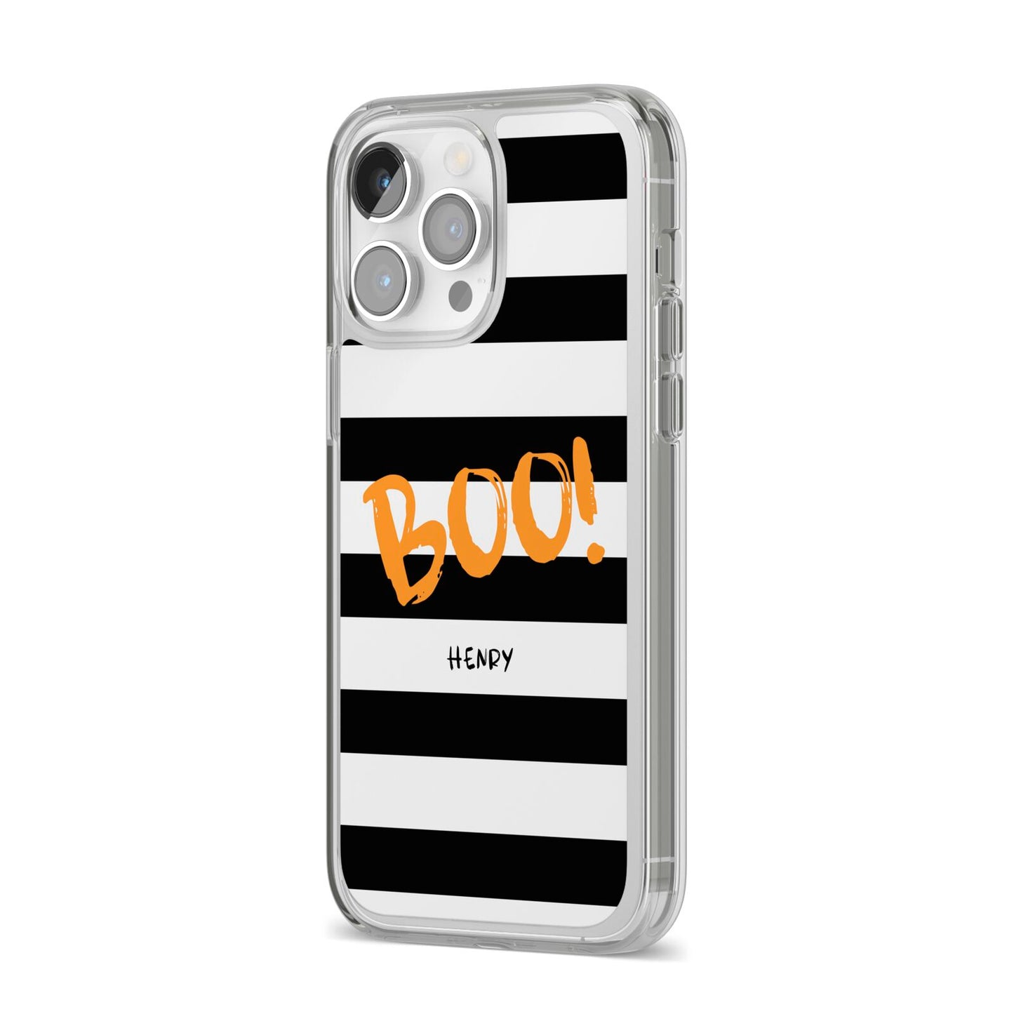 Black White Striped Boo iPhone 14 Pro Max Clear Tough Case Silver Angled Image