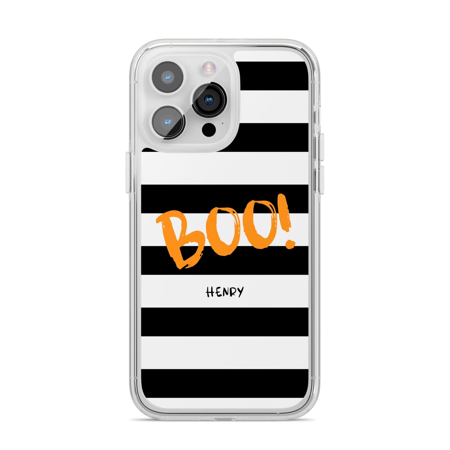 Black White Striped Boo iPhone 14 Pro Max Clear Tough Case Silver
