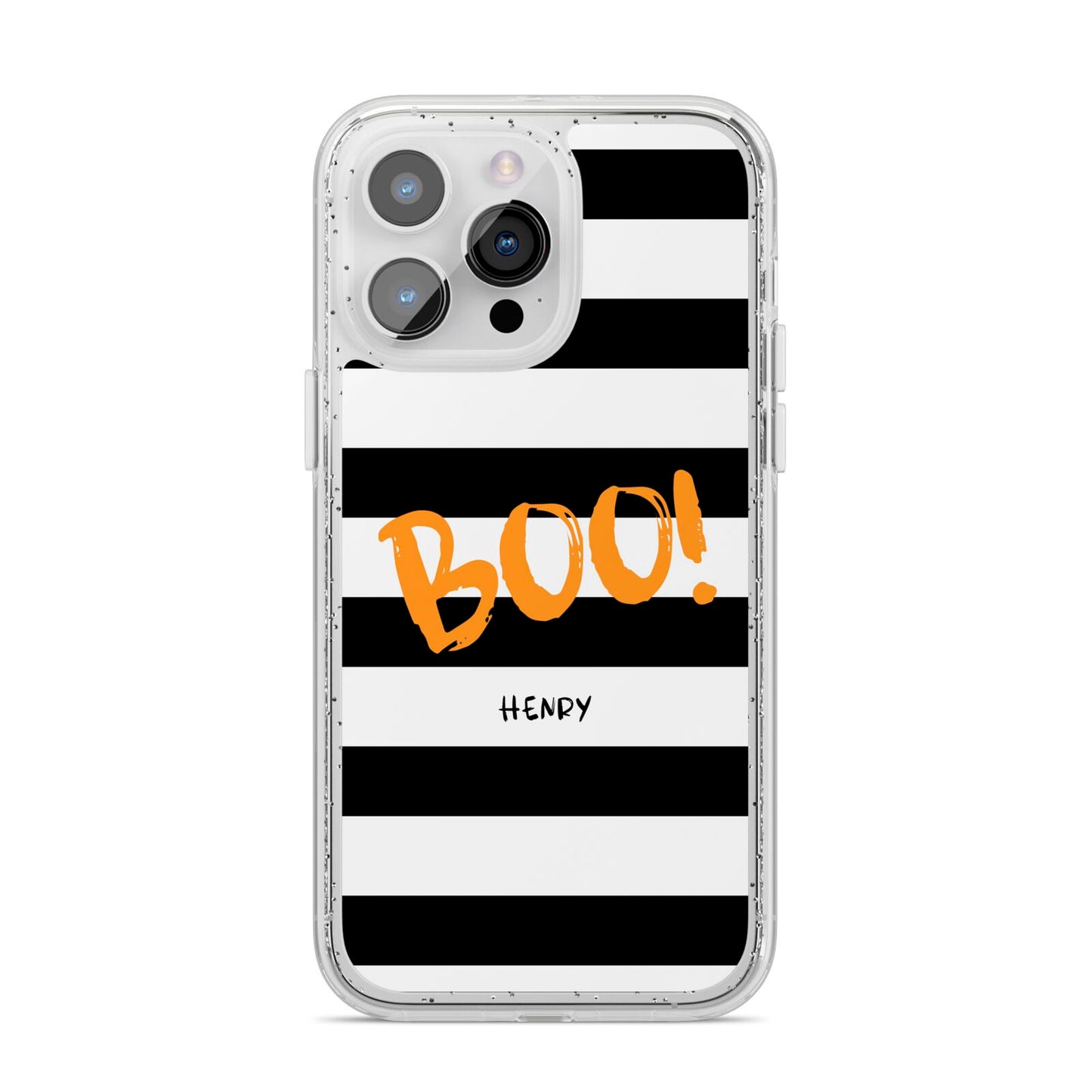 Black White Striped Boo iPhone 14 Pro Max Glitter Tough Case Silver