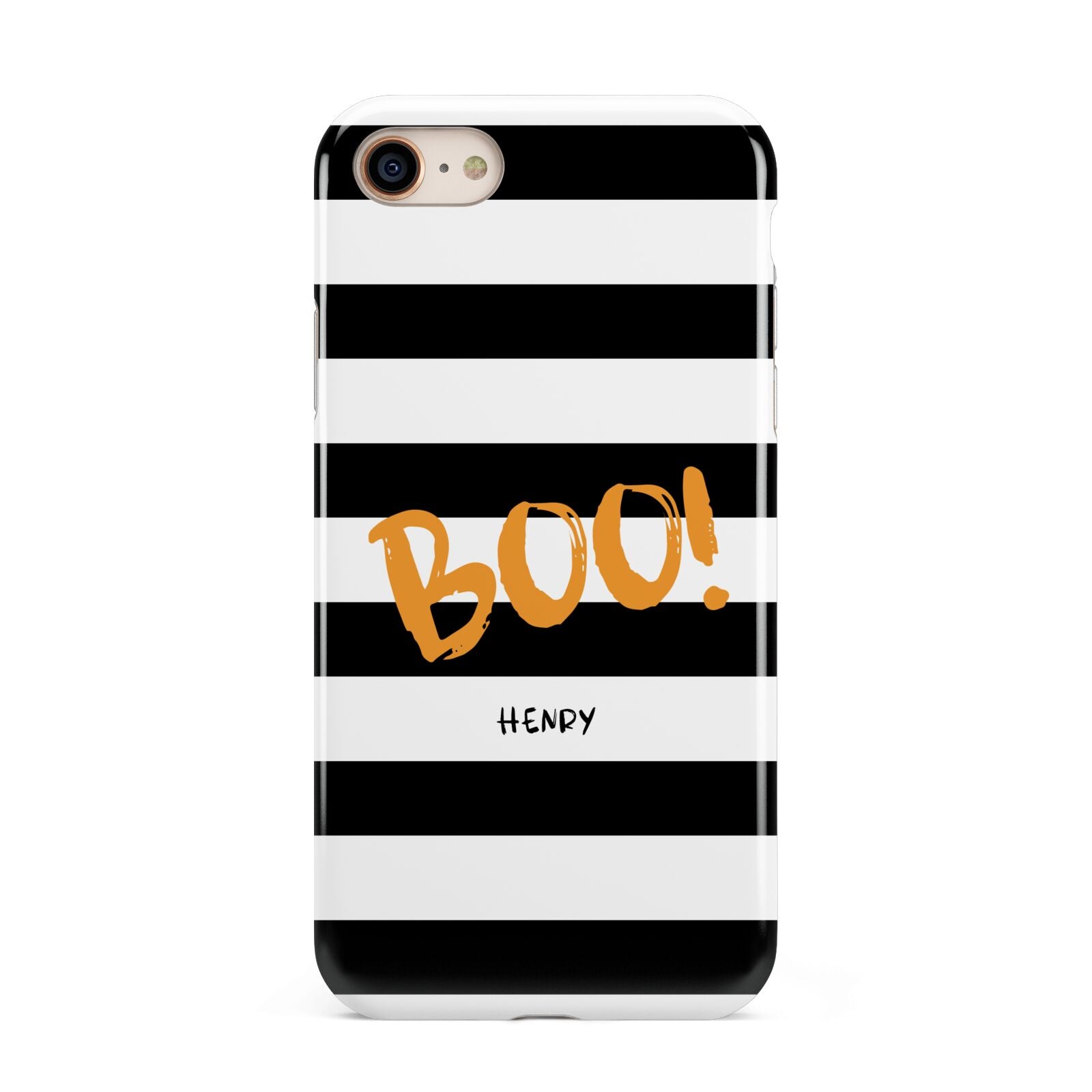 Black White Striped Boo iPhone 8 3D Tough Case on Gold Phone