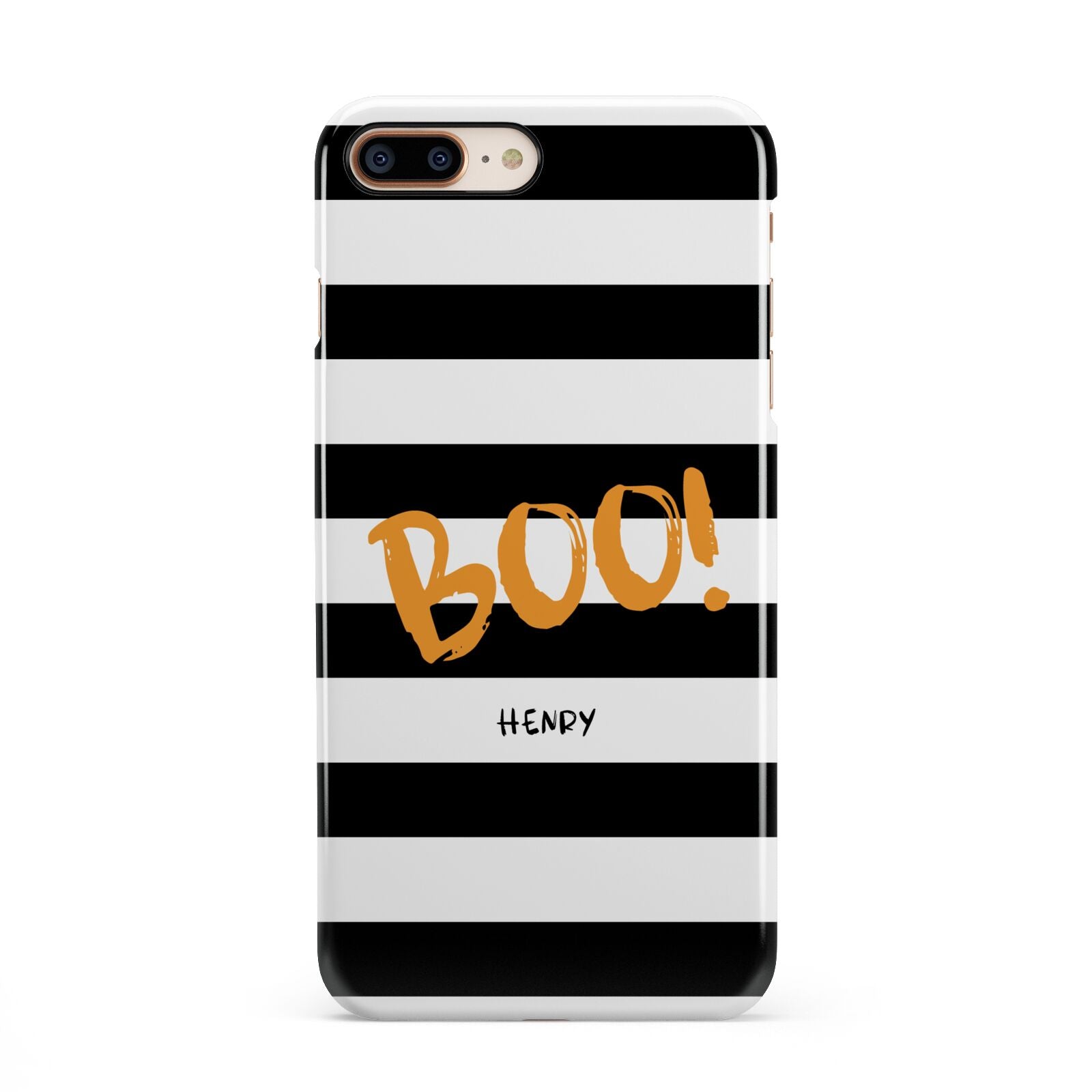 Black White Striped Boo iPhone 8 Plus 3D Snap Case on Gold Phone
