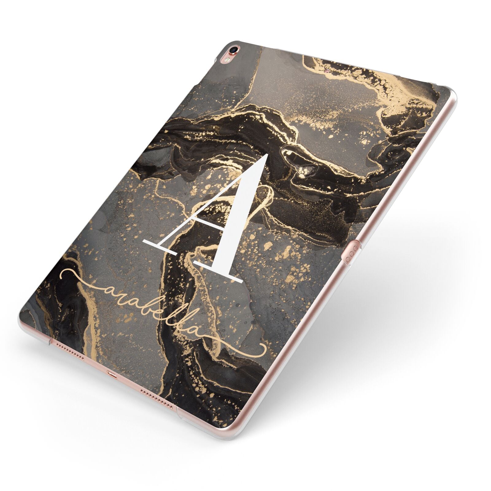 Black and Gold Marble Apple iPad Case on Rose Gold iPad Side View