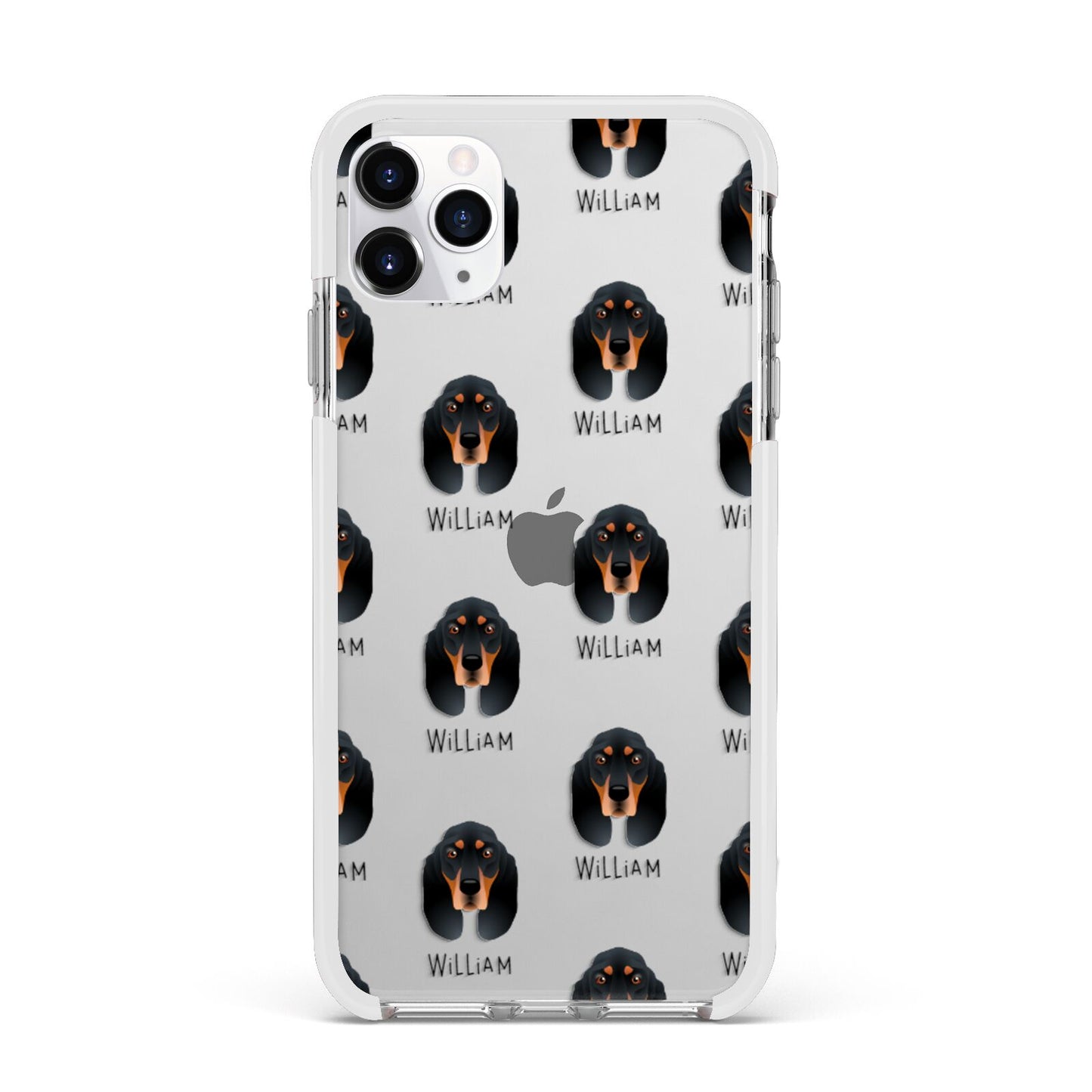 Black and Tan Coonhound Icon with Name Apple iPhone 11 Pro Max in Silver with White Impact Case