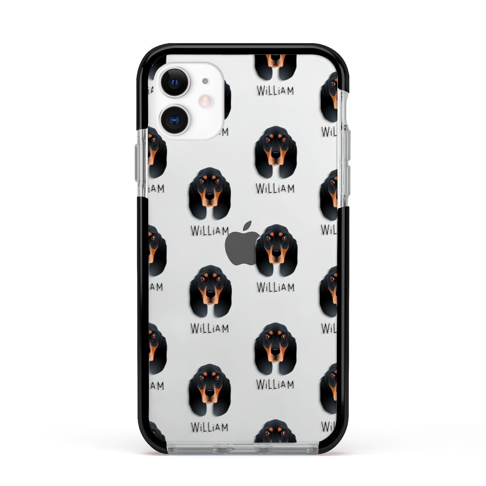 Black and Tan Coonhound Icon with Name Apple iPhone 11 in White with Black Impact Case